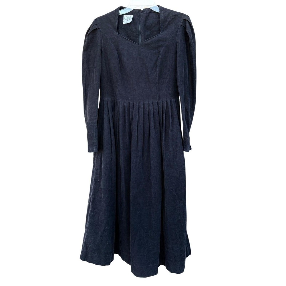 Laura Ashley Black Corduroy Long Puff Sleeve Midi Dress Size 10 Romantic Cottage